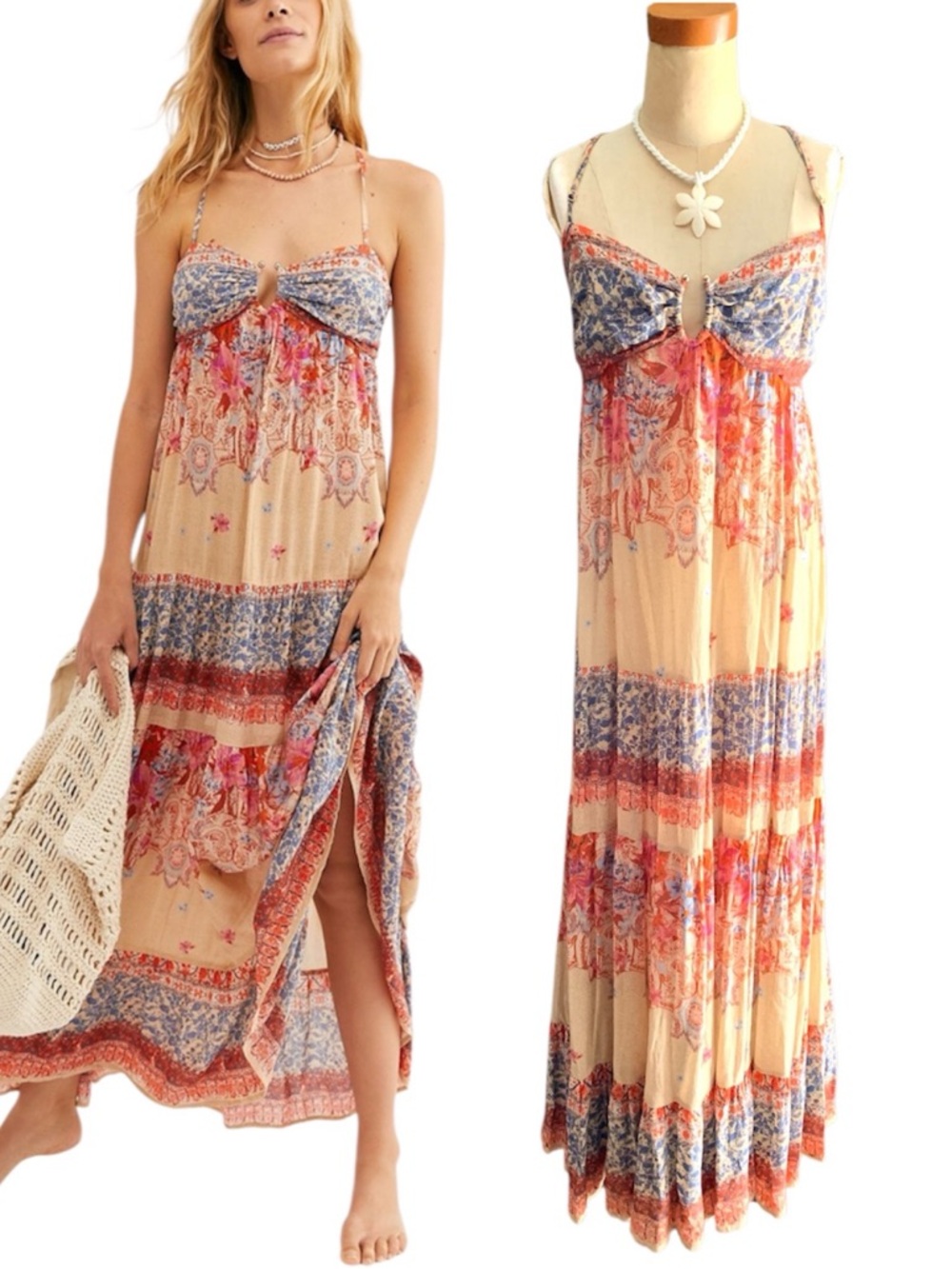 Free People Intimately “Give A Little” bohemian maxi slip dress in Cream combo-S - Picture 14 of 14